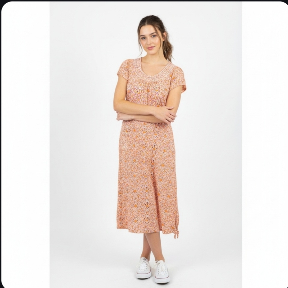 Ethos Paris Pink, Red & White Puff Sleeve Midi Dress NWT Large